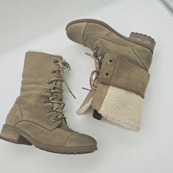 Ugg Gradin Womens Tan Suede Leather Lace Up Round Toe Stacked Heel Boots Size 8 - Picture 6 of 12